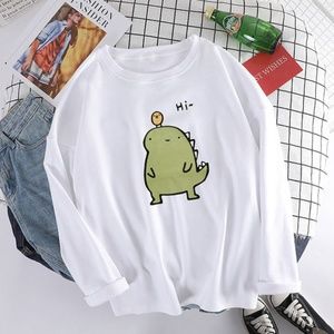 Long-Sleeve Cute Dinosaur Print White T-Shirt